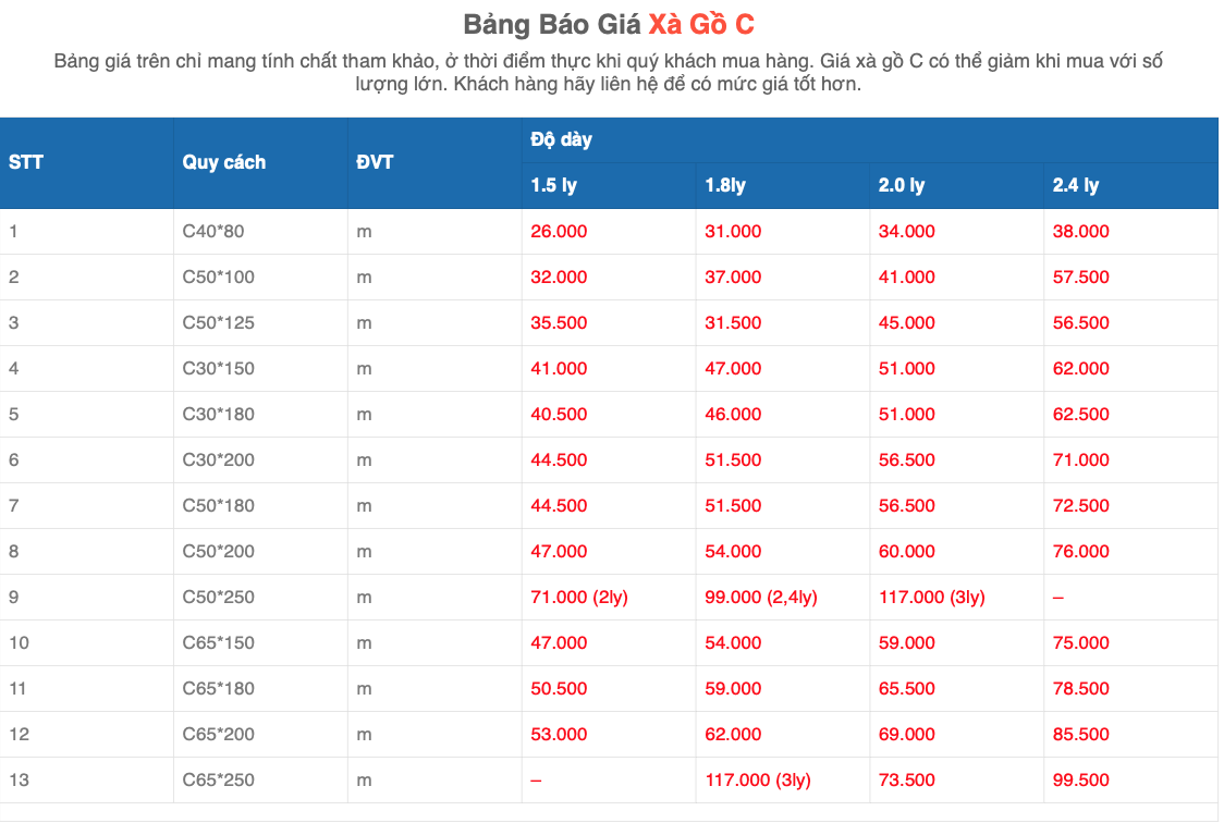Xà Gồ Kẽm C